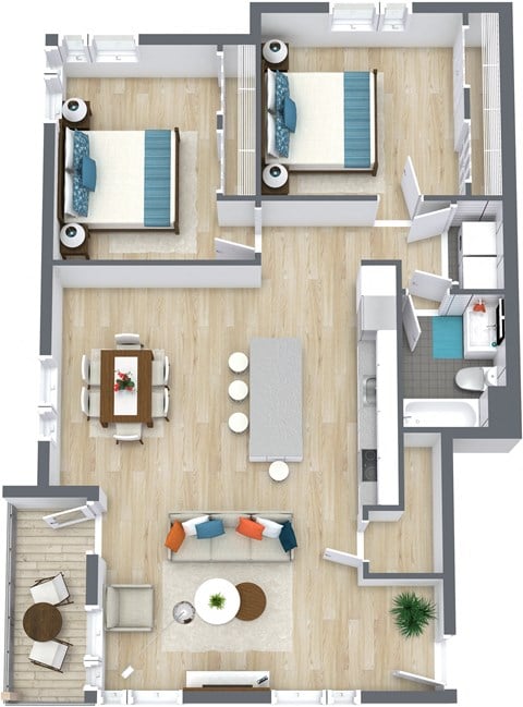 Floor plan for 2 beds, 1 bath, 988 sqft